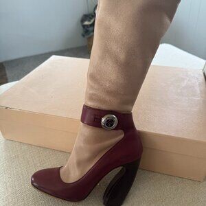 Prada mid calf leather burgundy and rose boot. Size 38